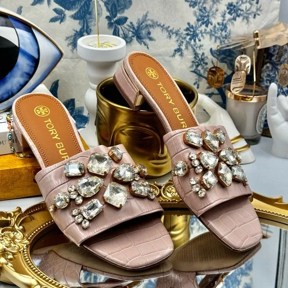 🆕 TORY BURCH 🧿 NWOT Martine 25mm Slides, Pink Croc Embossed Crystal, Sz 7 - Picture 11 of 16